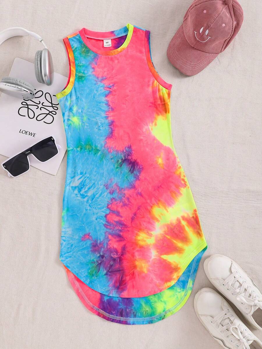Tween girls sleeveless tie-dye tank dress with round neck, loose fit, short length, and asymmetrical hem in a casual streetwear style