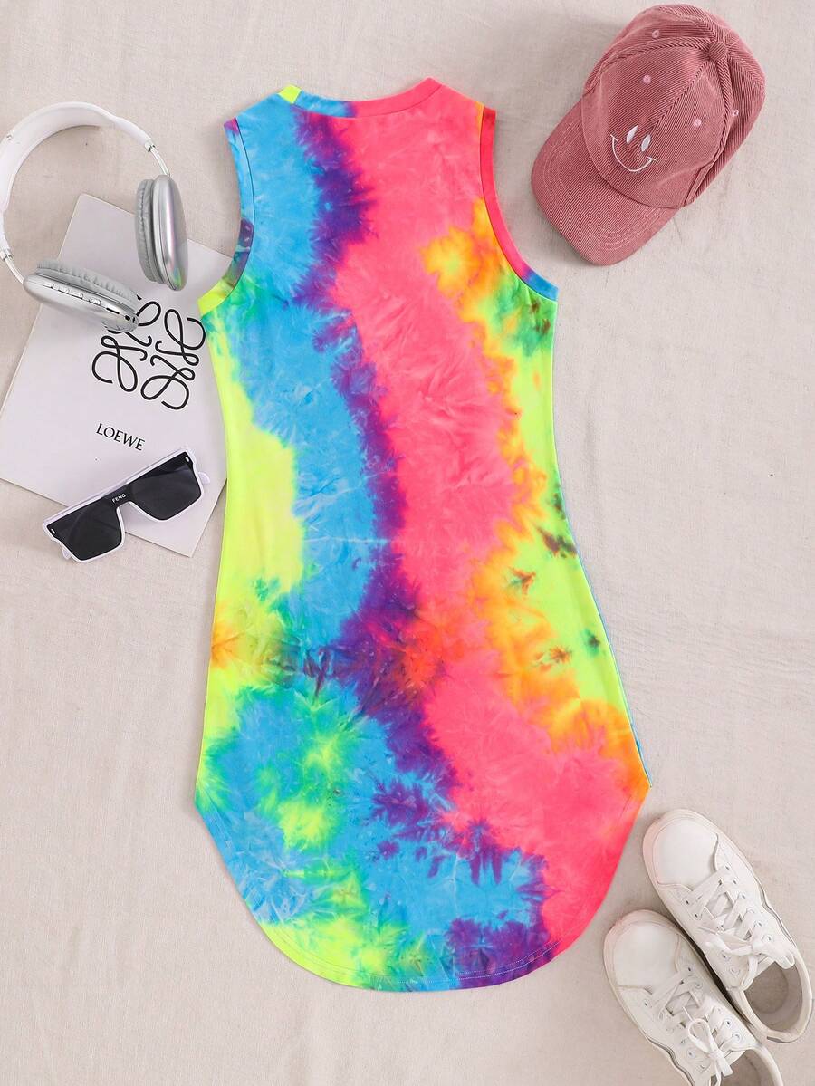 Tween girls sleeveless tie-dye tank dress with round neck, loose fit, short length, and asymmetrical hem in a casual streetwear style