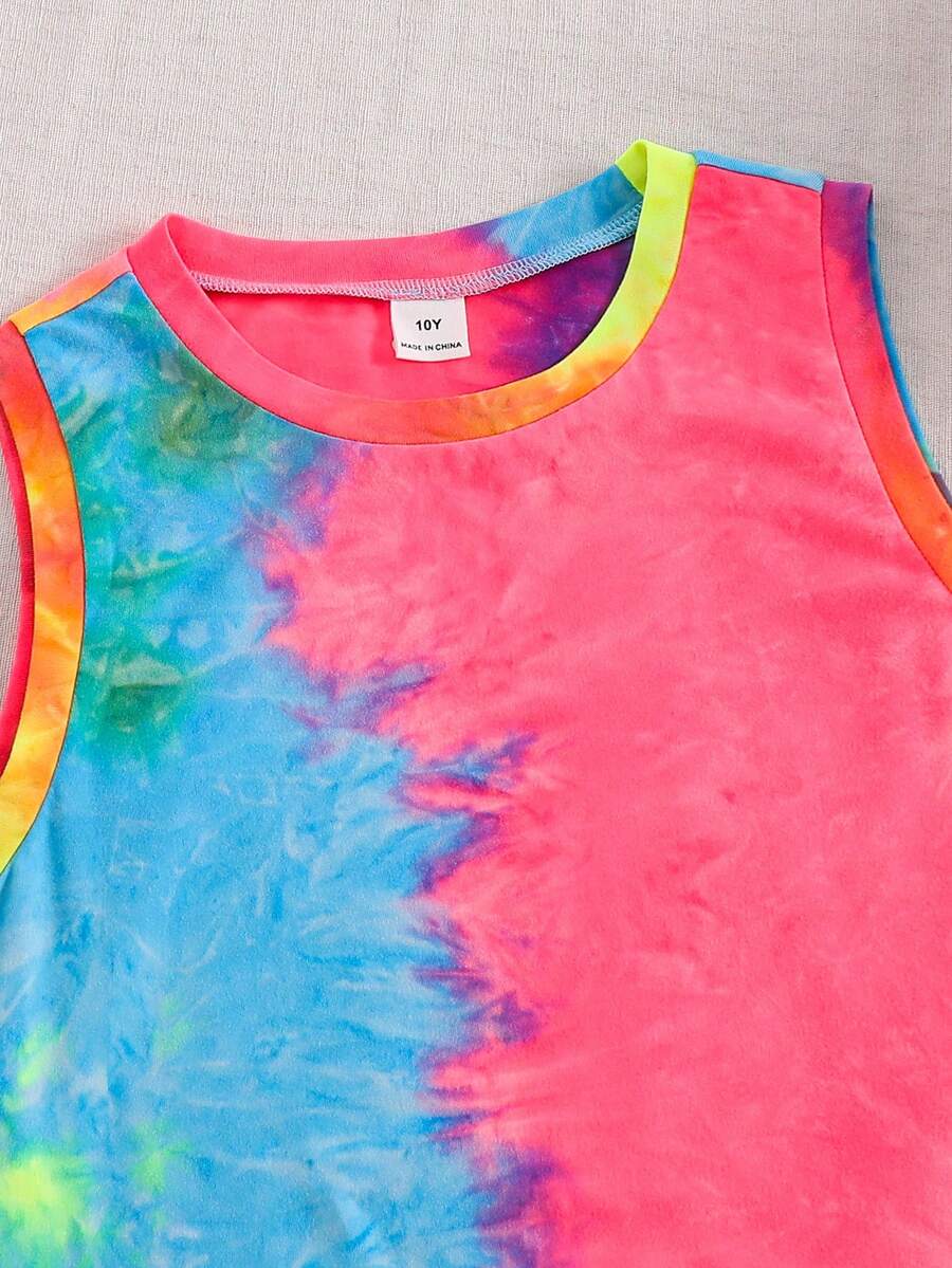 Tween girls sleeveless tie-dye tank dress with round neck, loose fit, short length, and asymmetrical hem in a casual streetwear style