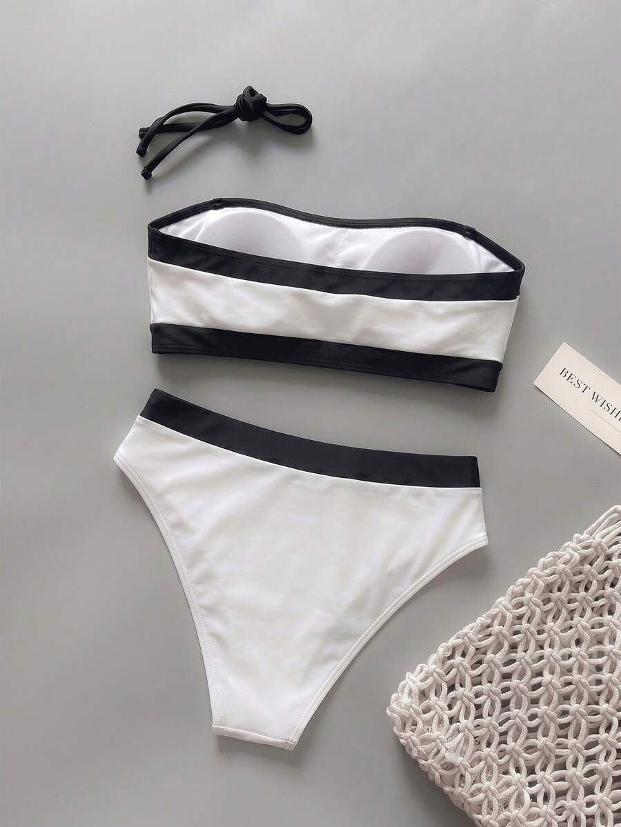 Women's bandeau bikini swimwear set featuring detachable shoulder straps, removable padding, wireless cups, and low-waist bottoms.