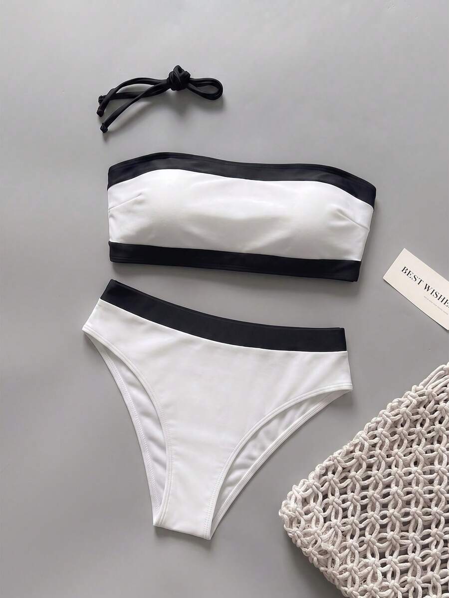 Women's bandeau bikini swimwear set featuring detachable shoulder straps, removable padding, wireless cups, and low-waist bottoms.