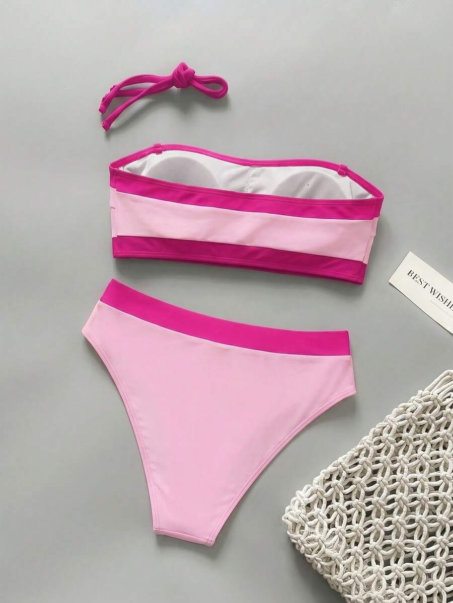 Women's bandeau bikini swimwear set featuring detachable shoulder straps, removable padding, wireless cups, and low-waist bottoms.