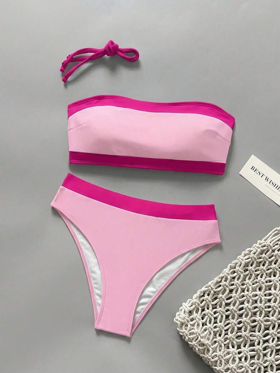 Women's bandeau bikini swimwear set featuring detachable shoulder straps, removable padding, wireless cups, and low-waist bottoms.