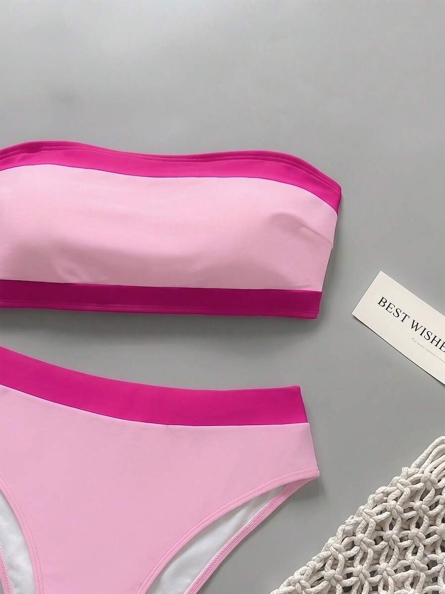 Women's bandeau bikini swimwear set featuring detachable shoulder straps, removable padding, wireless cups, and low-waist bottoms.