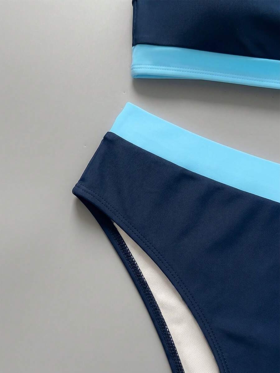 Women's bandeau bikini swimwear set featuring detachable shoulder straps, removable padding, wireless cups, and low-waist bottoms.