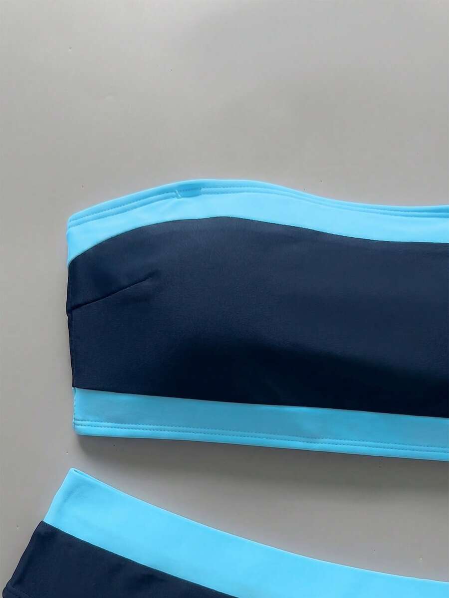 Women's bandeau bikini swimwear set featuring detachable shoulder straps, removable padding, wireless cups, and low-waist bottoms.