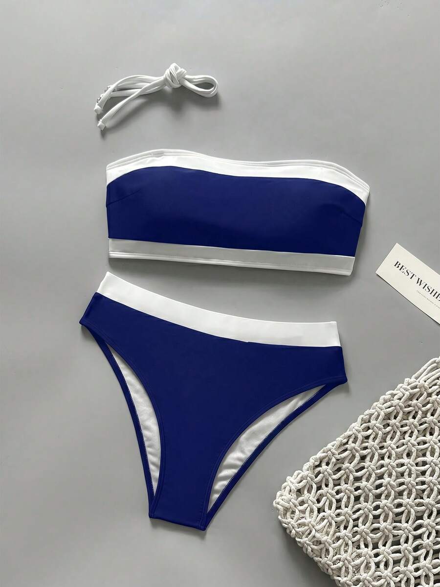 Women's bandeau bikini swimwear set featuring detachable shoulder straps, removable padding, wireless cups, and low-waist bottoms.