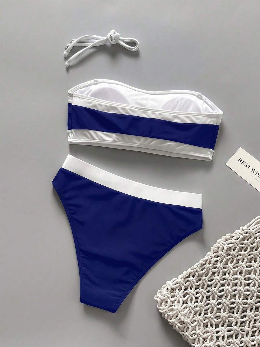 Women's bandeau bikini swimwear set featuring detachable shoulder straps, removable padding, wireless cups, and low-waist bottoms.