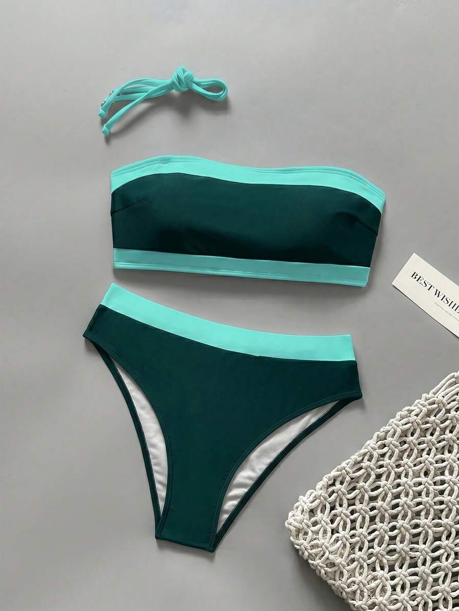 Women's bandeau bikini swimwear set featuring detachable shoulder straps, removable padding, wireless cups, and low-waist bottoms.