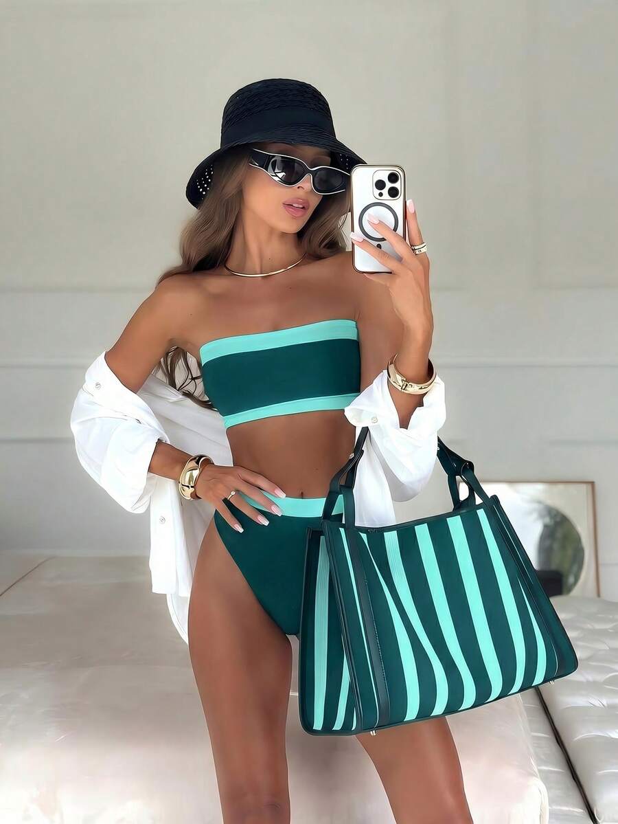 Women's bandeau bikini swimwear set featuring detachable shoulder straps, removable padding, wireless cups, and low-waist bottoms.
