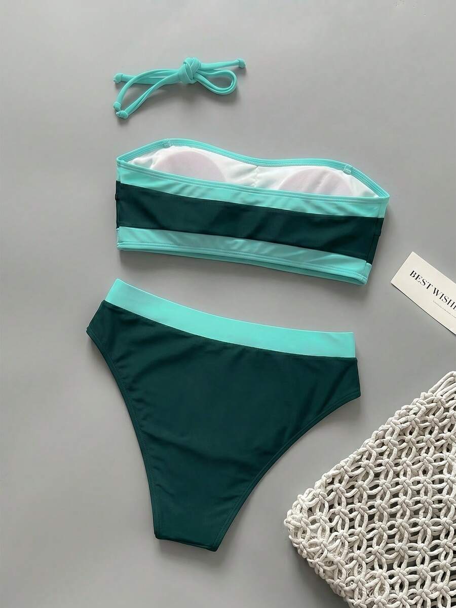 Women's bandeau bikini swimwear set featuring detachable shoulder straps, removable padding, wireless cups, and low-waist bottoms.