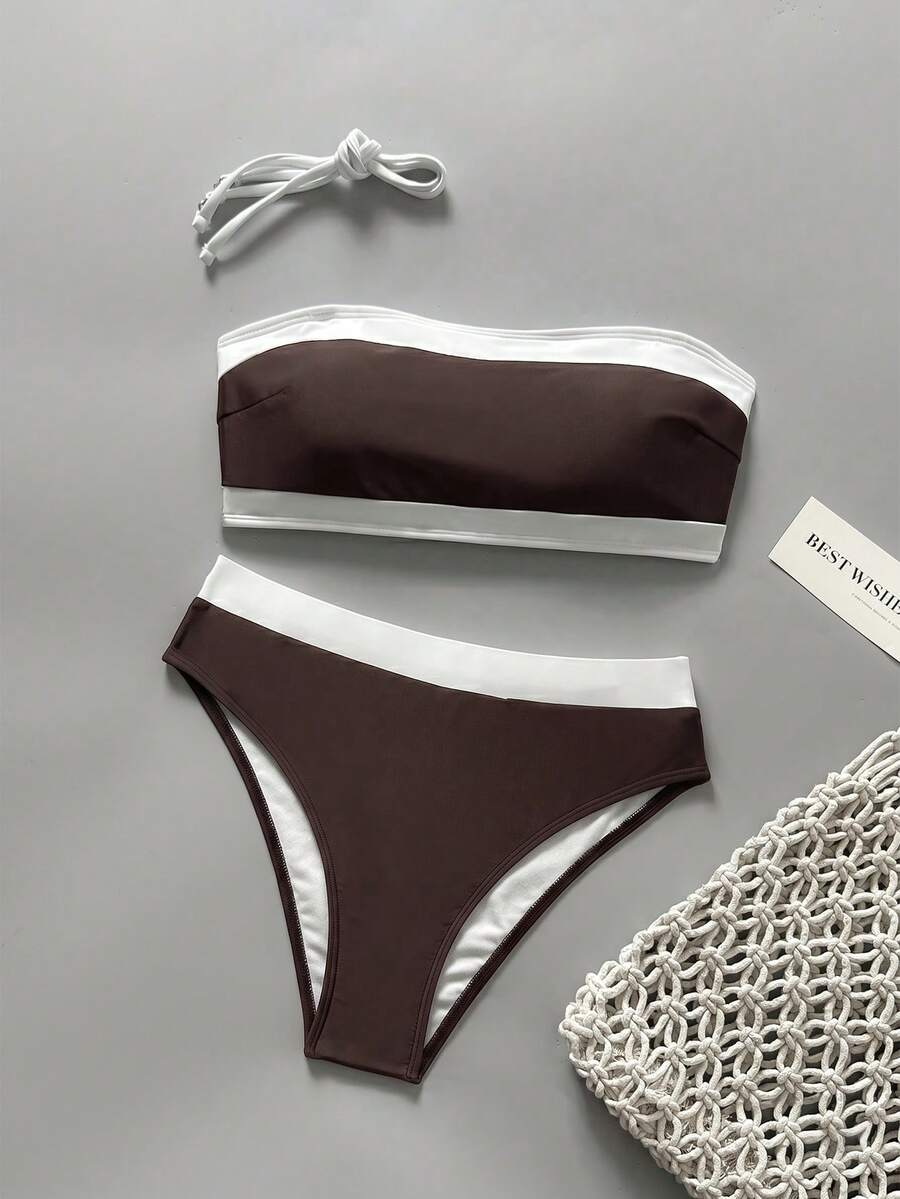 Women's bandeau bikini swimwear set featuring detachable shoulder straps, removable padding, wireless cups, and low-waist bottoms.