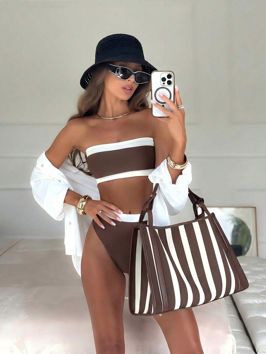 Women's bandeau bikini swimwear set featuring detachable shoulder straps, removable padding, wireless cups, and low-waist bottoms.