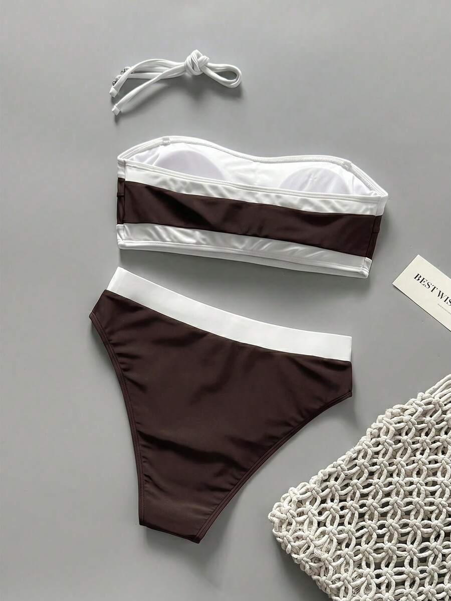 Women's bandeau bikini swimwear set featuring detachable shoulder straps, removable padding, wireless cups, and low-waist bottoms.
