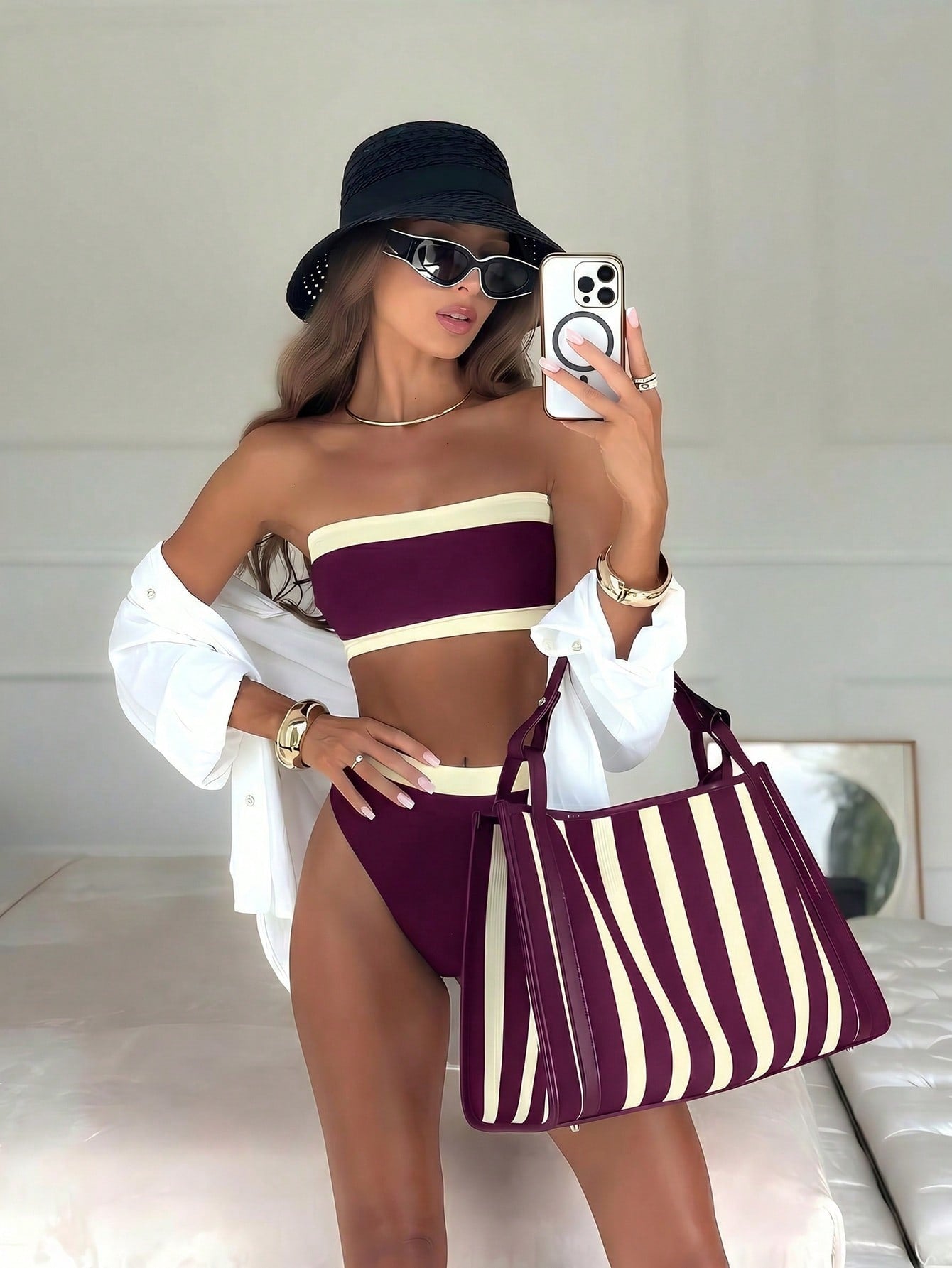 Women's bandeau bikini swimwear set featuring detachable shoulder straps, removable padding, wireless cups, and low-waist bottoms.