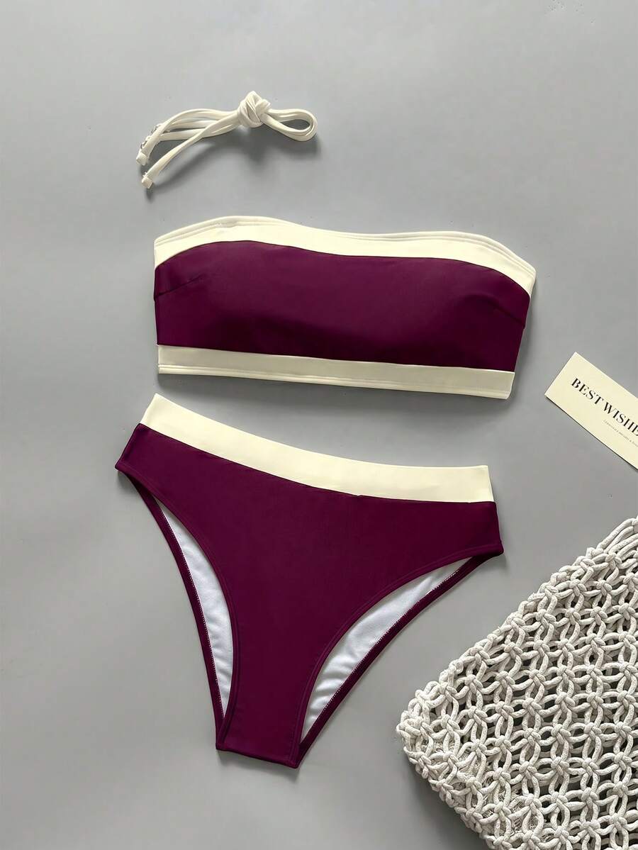Women's bandeau bikini swimwear set featuring detachable shoulder straps, removable padding, wireless cups, and low-waist bottoms.