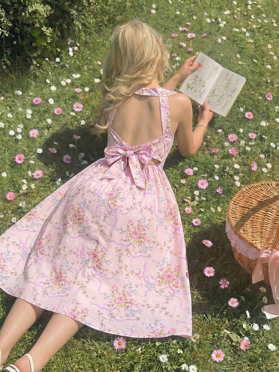 Tween girls pink floral sleeveless A-line midi dress featuring round neck, high waist with belt, contrast lace, and zipper back.