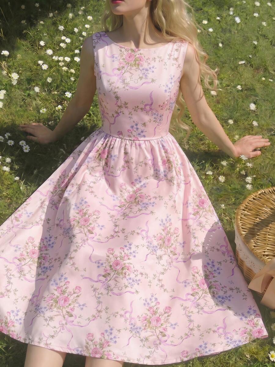 Tween girls pink floral sleeveless A-line midi dress featuring round neck, high waist with belt, contrast lace, and zipper back.