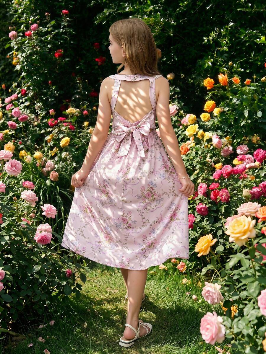 Tween girls pink floral sleeveless A-line midi dress featuring round neck, high waist with belt, contrast lace, and zipper back.