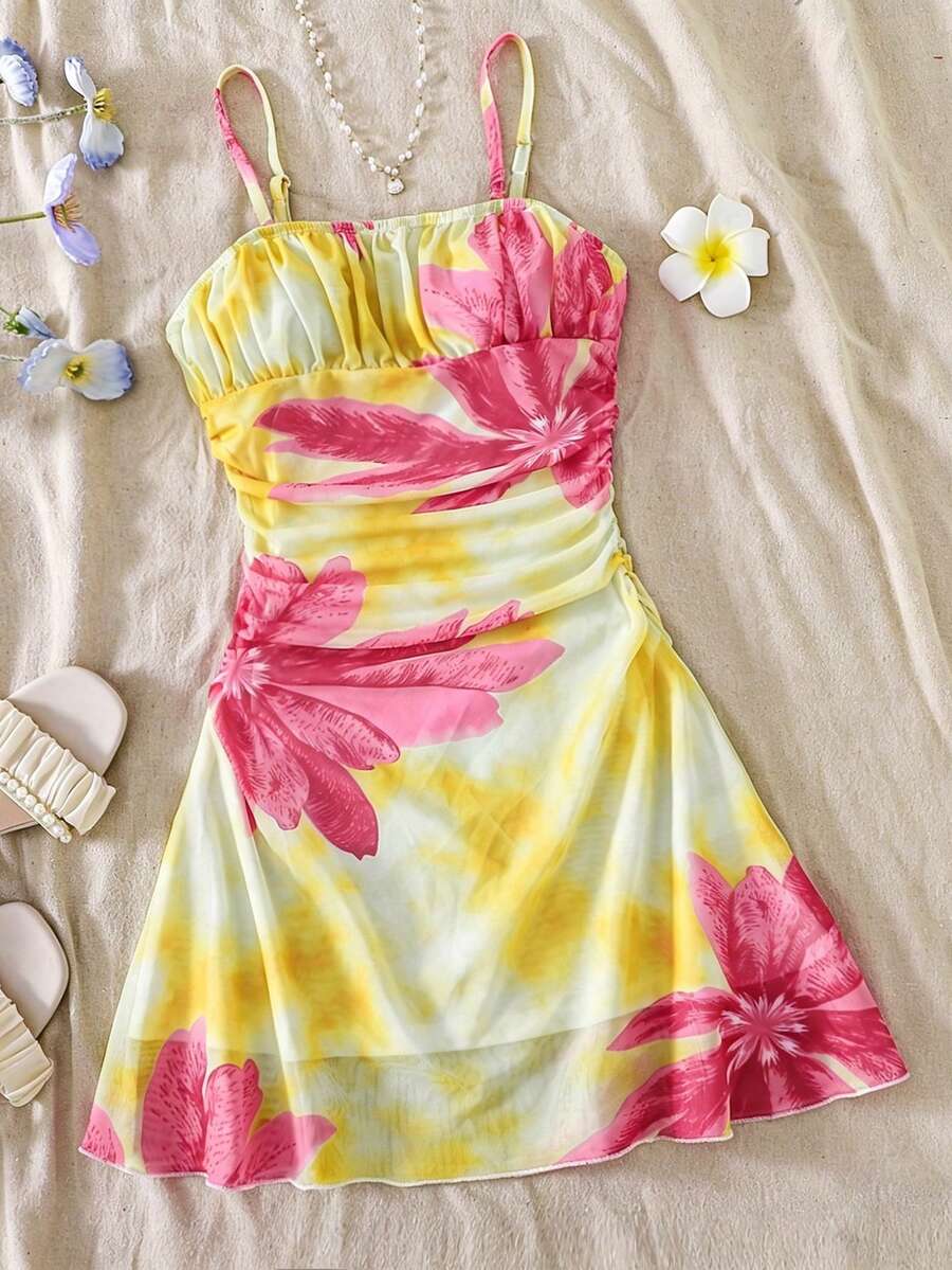 Apricot tween girls sleeveless halter cami dress with appliques, bow front, zipper detail, high waist, flared hem, and short slim fit design.