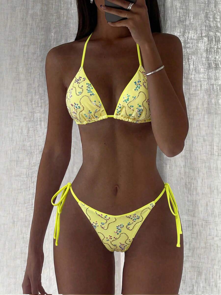 Women's sequin textured halter triangle bikini top and high-waist side tie bikini bottom swimsuit set