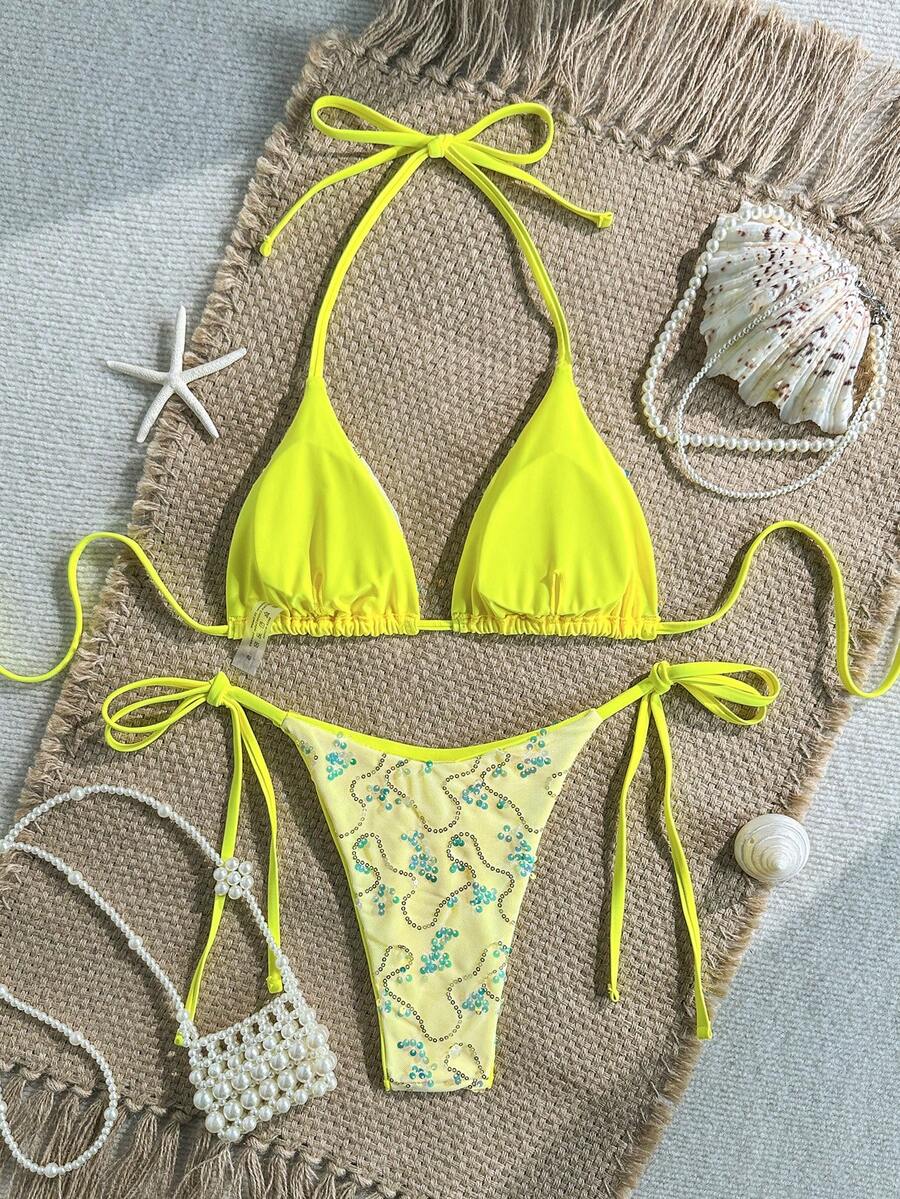 Women's sequin textured halter triangle bikini top and high-waist side tie bikini bottom swimsuit set
