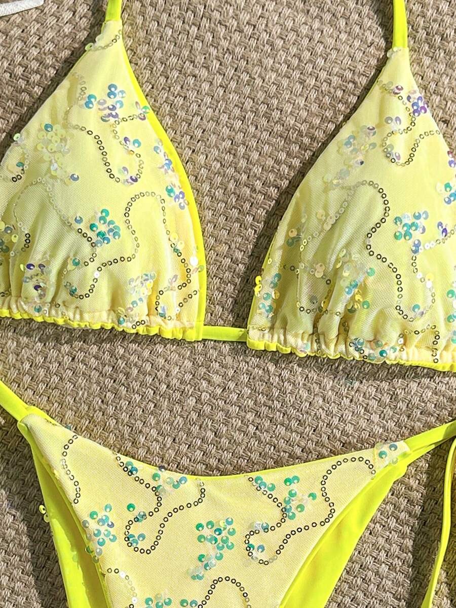 Women's sequin textured halter triangle bikini top and high-waist side tie bikini bottom swimsuit set