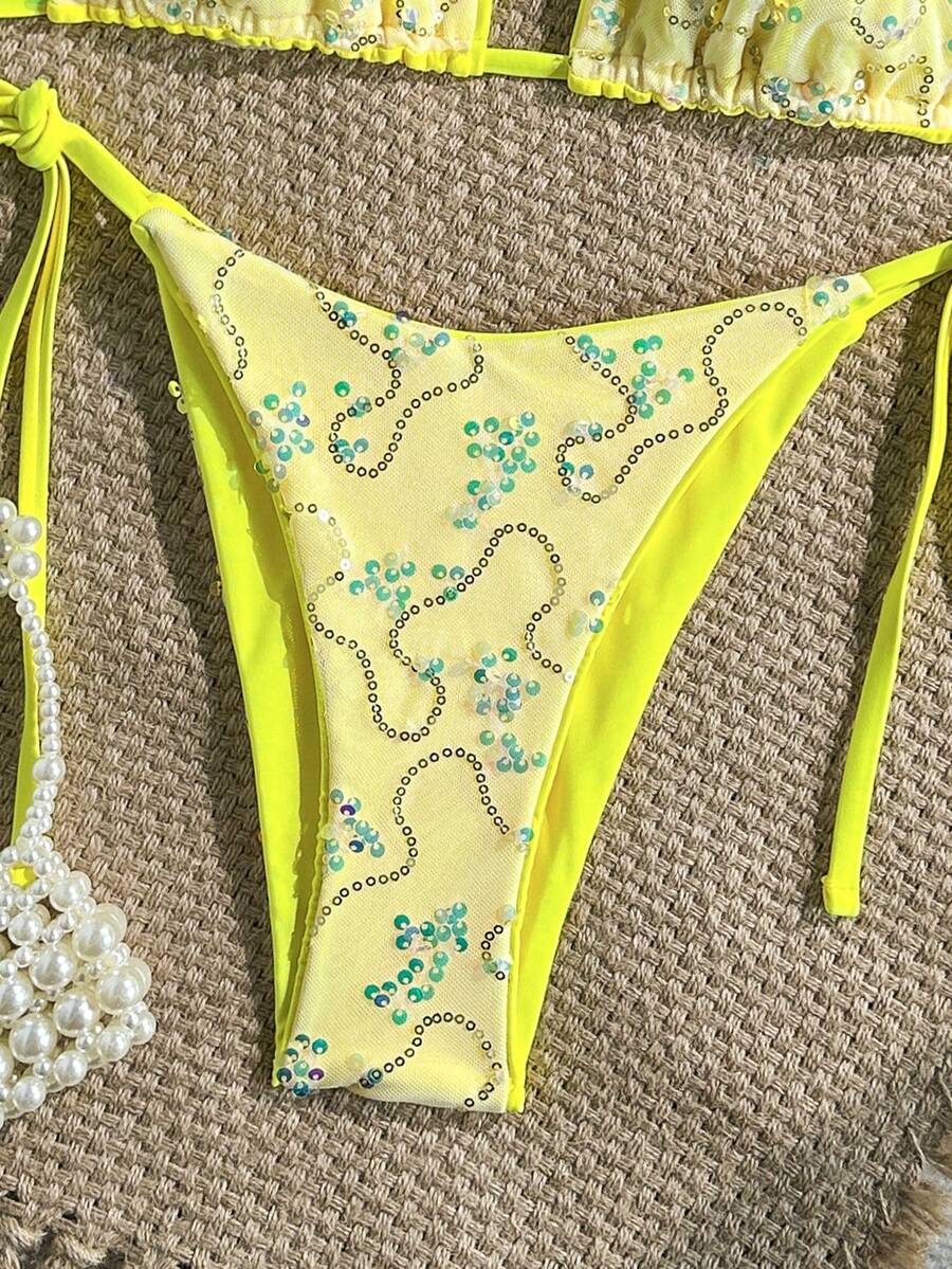 Women's sequin textured halter triangle bikini top and high-waist side tie bikini bottom swimsuit set