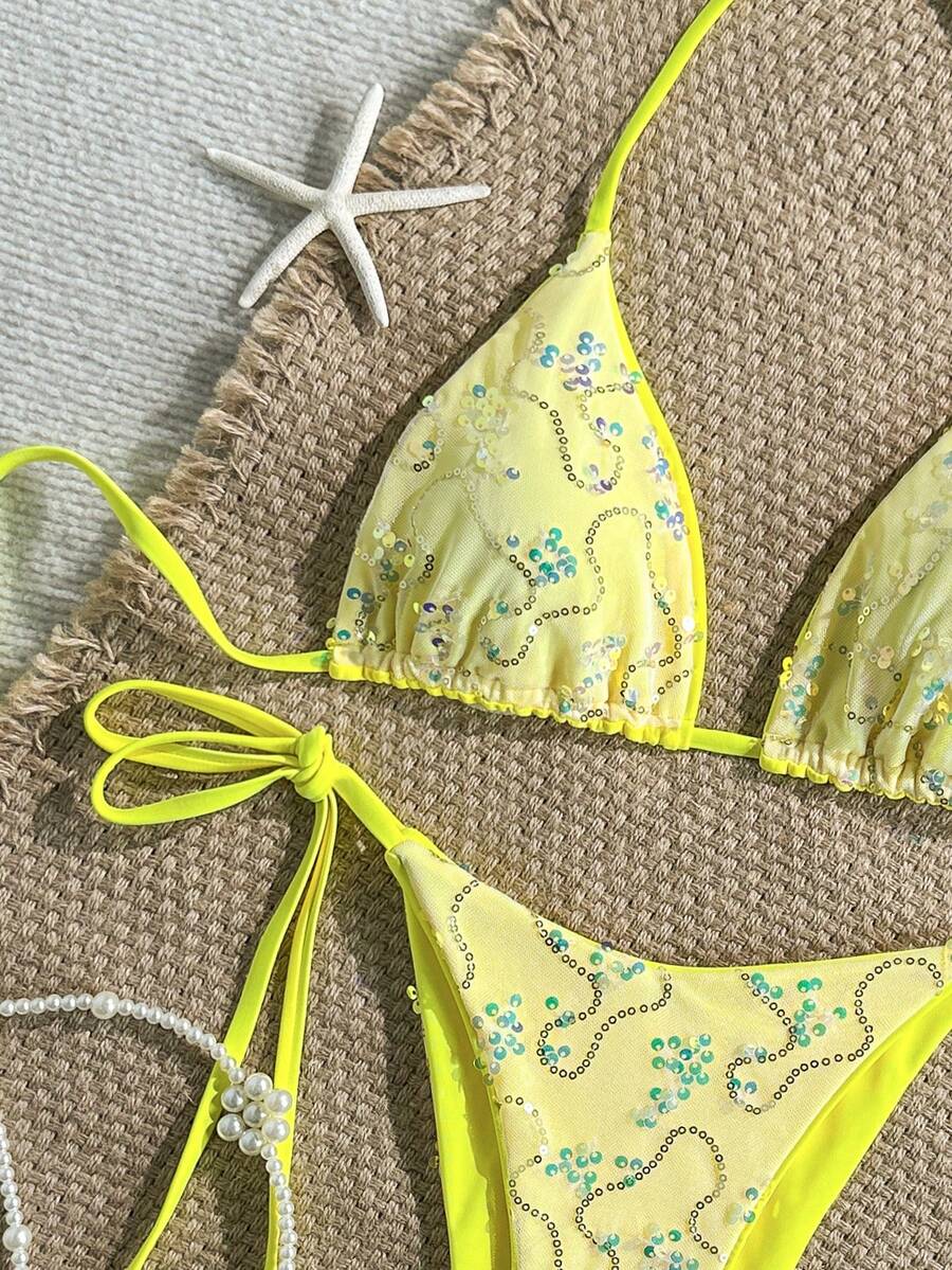 Women's sequin textured halter triangle bikini top and high-waist side tie bikini bottom swimsuit set