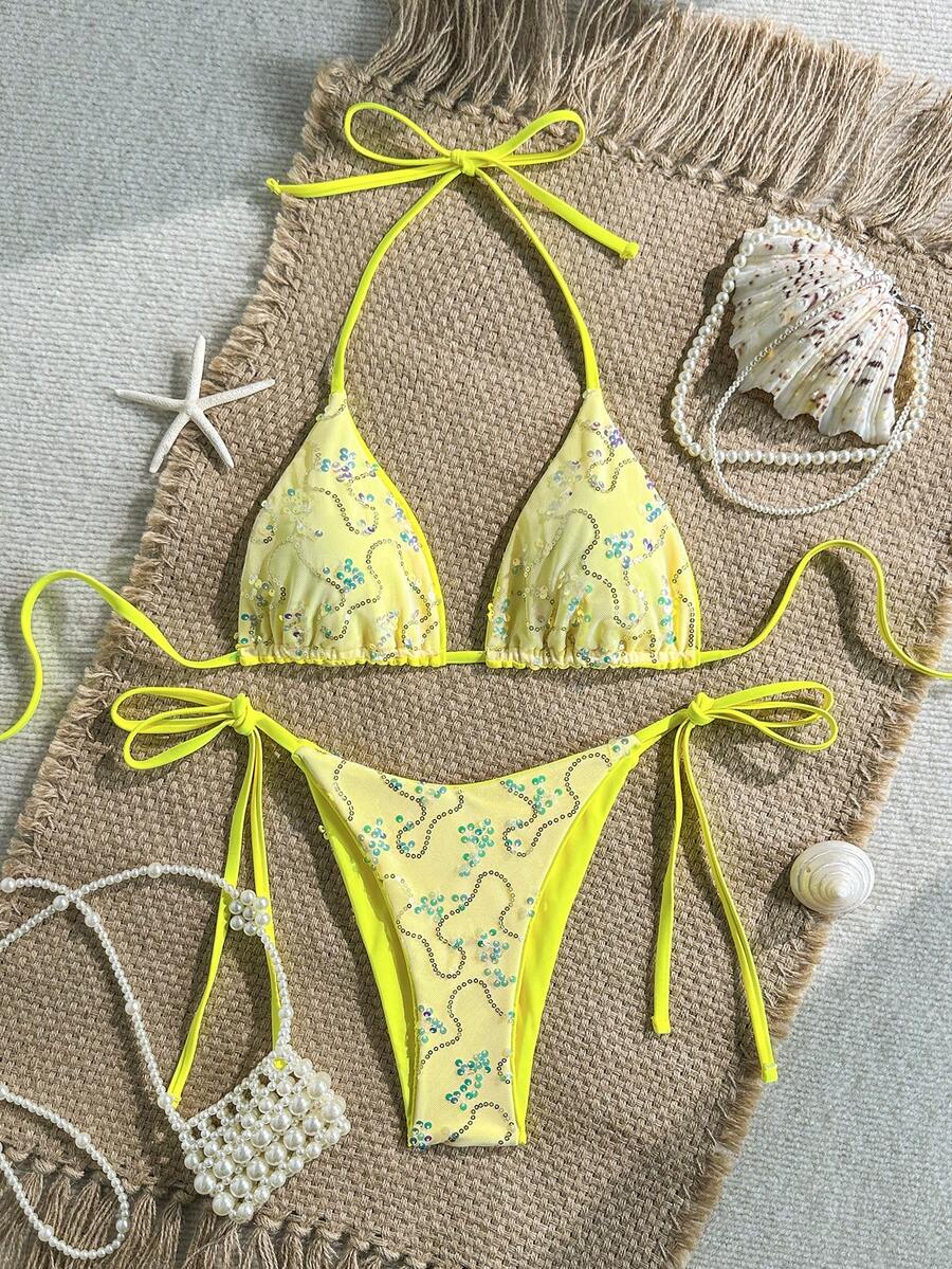 Women's sequin textured halter triangle bikini top and high-waist side tie bikini bottom swimsuit set