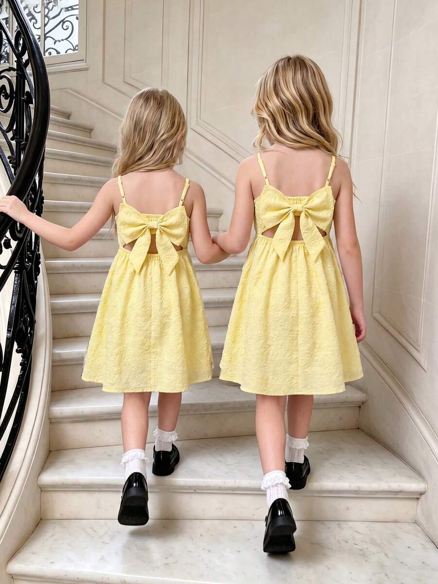 Tween girl wearing an apricot floral print sleeveless mini cami dress featuring spaghetti straps, a shirred high waist, flounce hem, and a bow back detail.