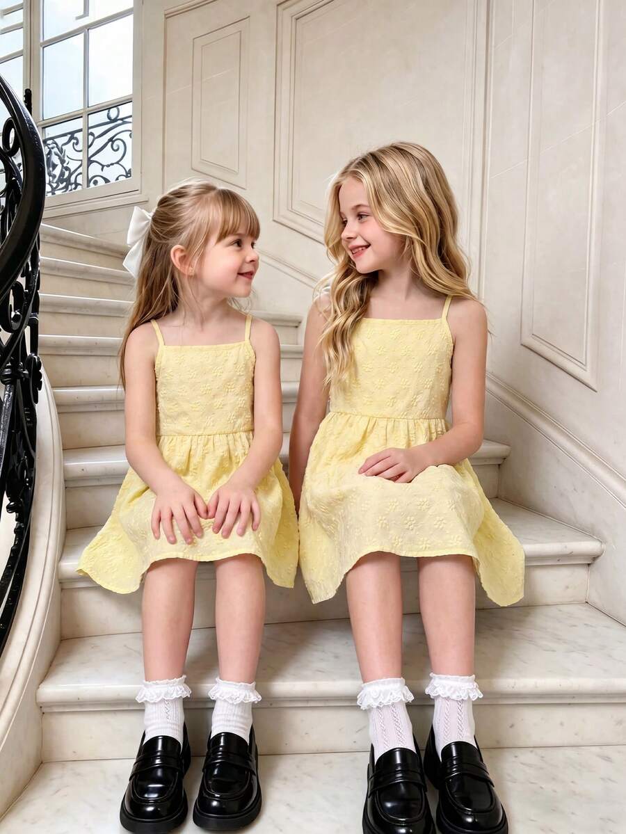 Tween girl wearing an apricot floral print sleeveless mini cami dress featuring spaghetti straps, a shirred high waist, flounce hem, and a bow back detail.