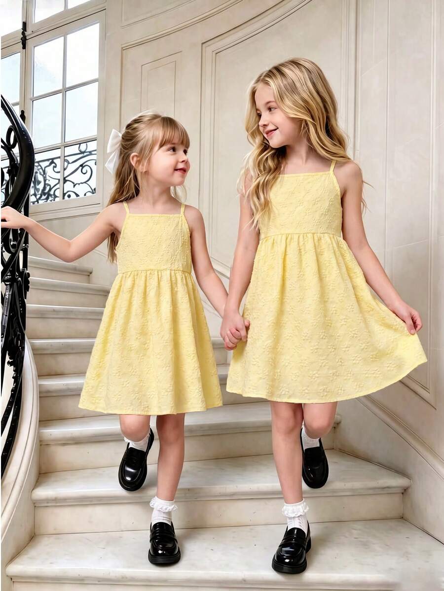 Tween girl wearing an apricot floral print sleeveless mini cami dress featuring spaghetti straps, a shirred high waist, flounce hem, and a bow back detail.
