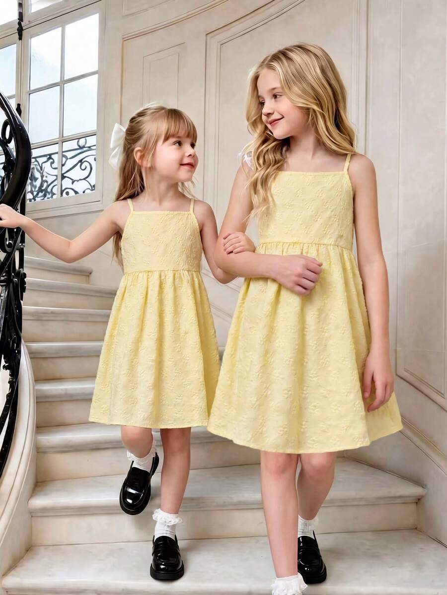 Tween girl wearing an apricot floral print sleeveless mini cami dress featuring spaghetti straps, a shirred high waist, flounce hem, and a bow back detail.