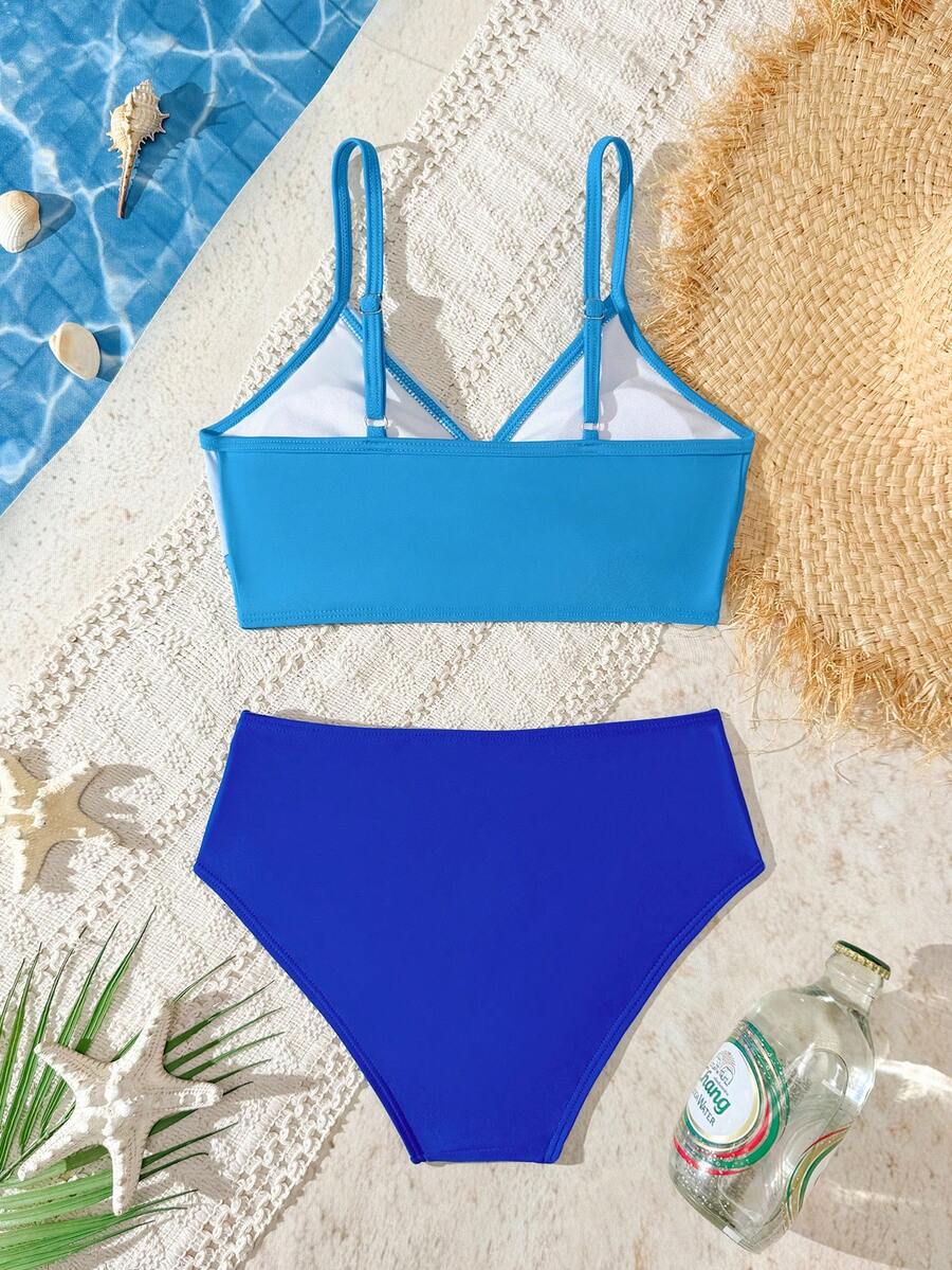 Tween girls multicolor striped 2-piece bikini set with spaghetti strap top, twist detail, and short high-waist or mid-waist swim bottoms for beach and pool wear.