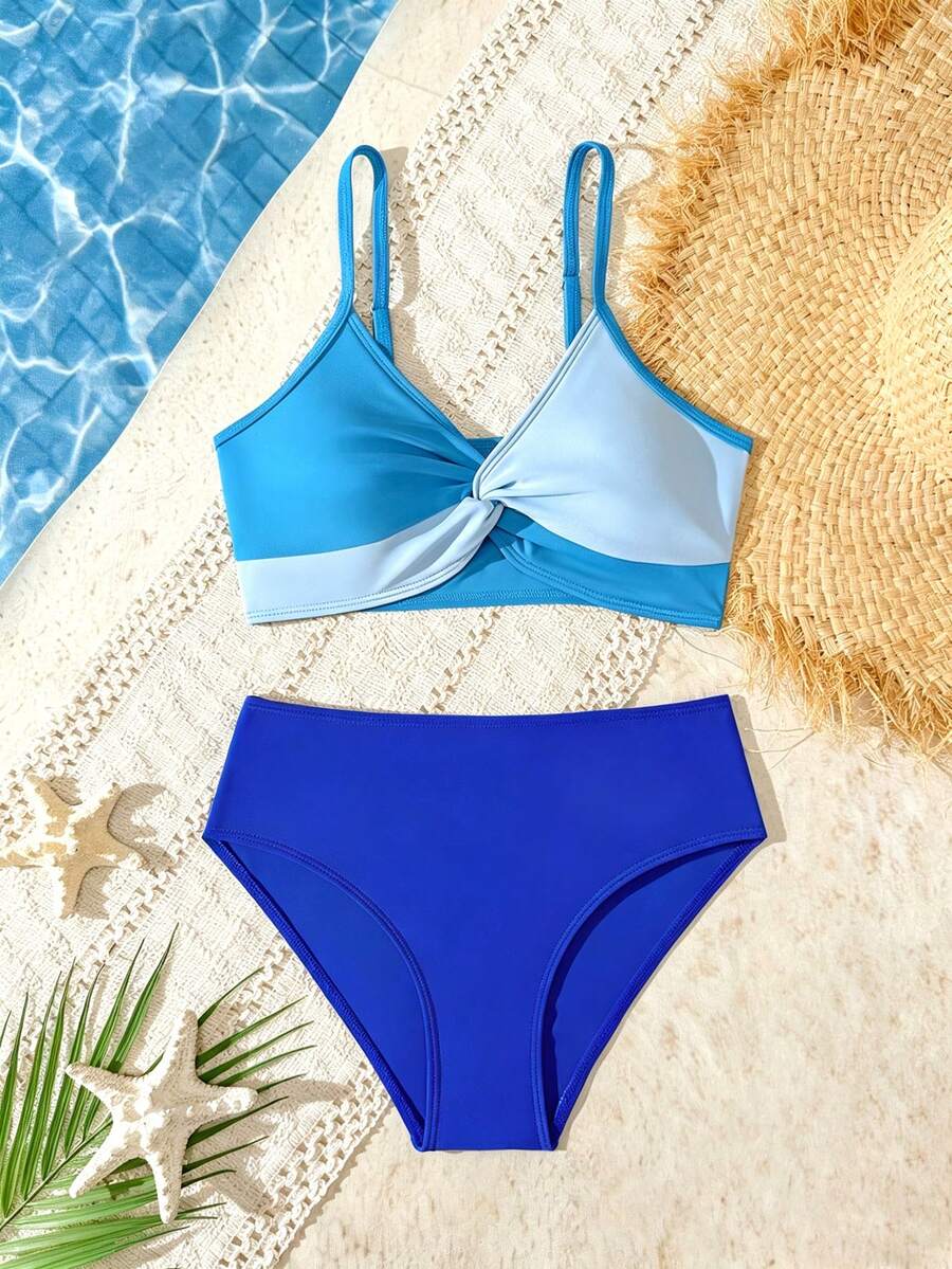 Tween girls multicolor striped 2-piece bikini set with spaghetti strap top, twist detail, and short high-waist or mid-waist swim bottoms for beach and pool wear.