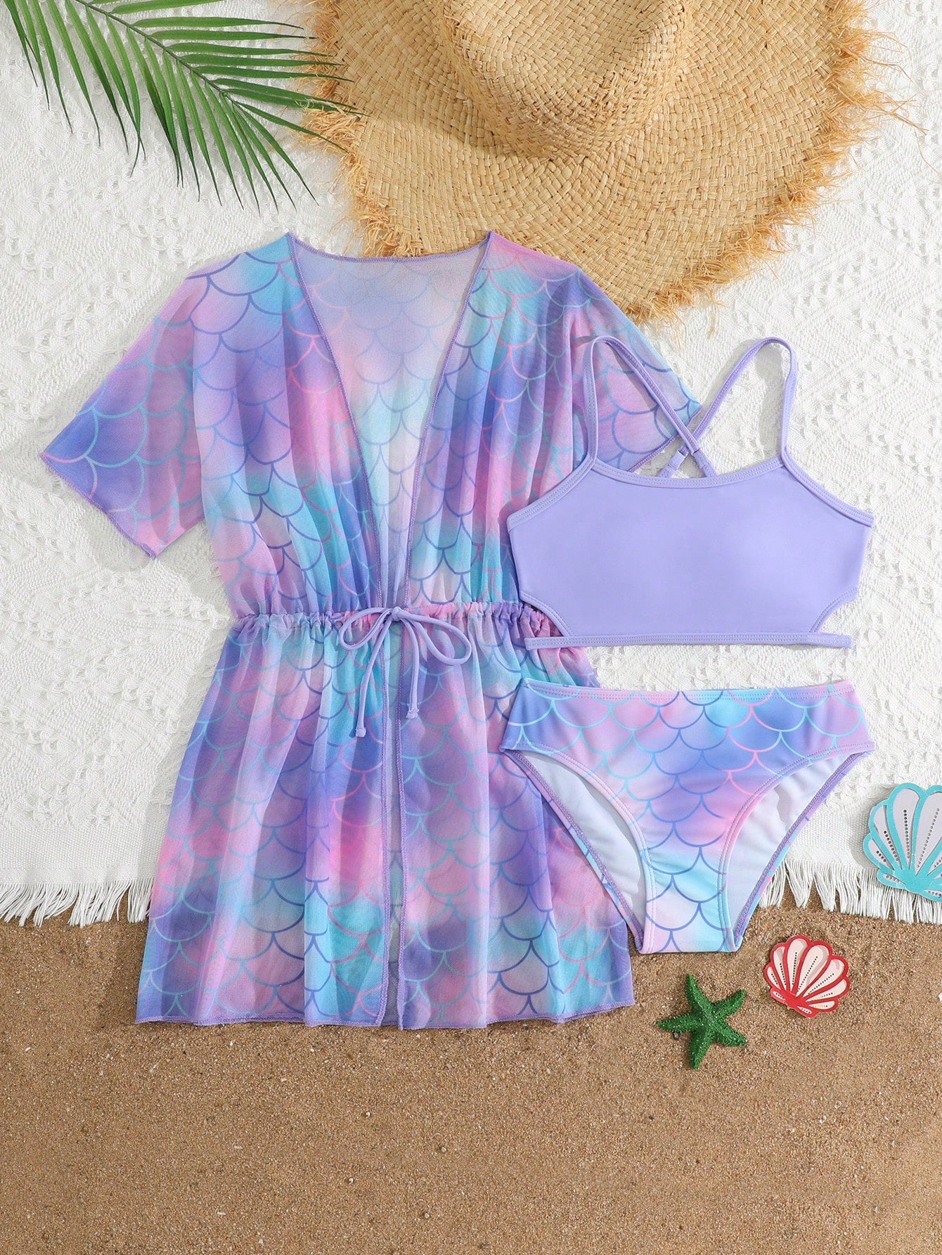 Tween girls 3-piece striped swimwear set featuring a tankini top, mid-waist bikini bottoms with a drawstring waist, and a matching kimono cover-up for beach or vacation wear.