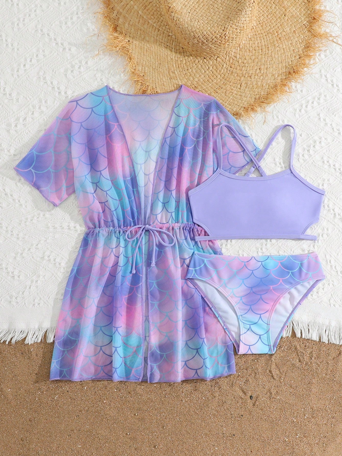 Tween girls 3-piece striped swimwear set featuring a tankini top, mid-waist bikini bottoms with a drawstring waist, and a matching kimono cover-up for beach or vacation wear.