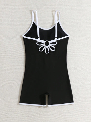 Tween girls colorblock camisole romper swimsuit with spaghetti straps, appliques, all-over print, fitted short silhouette, and medium-stretch fabric for beach, pool, and vacation wear.