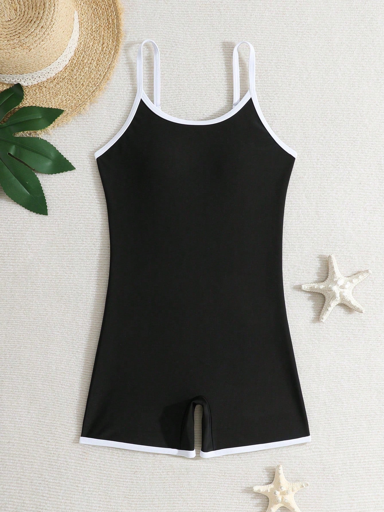 Tween girls colorblock camisole romper swimsuit with spaghetti straps, appliques, all-over print, fitted short silhouette, and medium-stretch fabric for beach, pool, and vacation wear.