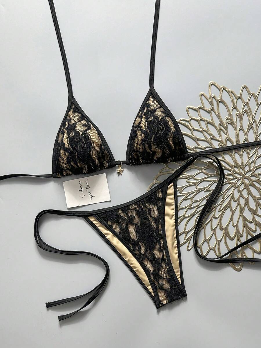 Apricot 2-piece bikini swimwear set featuring a textured halter triangle cup top with knot details and matching tie-side bottoms for women.