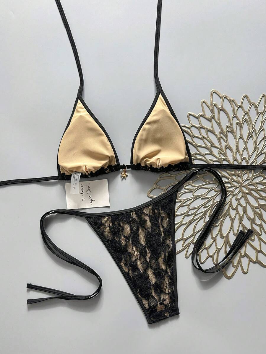 Apricot 2-piece bikini swimwear set featuring a textured halter triangle cup top with knot details and matching tie-side bottoms for women.