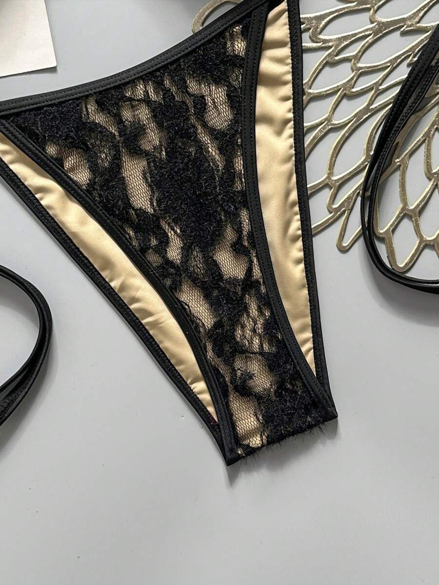 Apricot 2-piece bikini swimwear set featuring a textured halter triangle cup top with knot details and matching tie-side bottoms for women.
