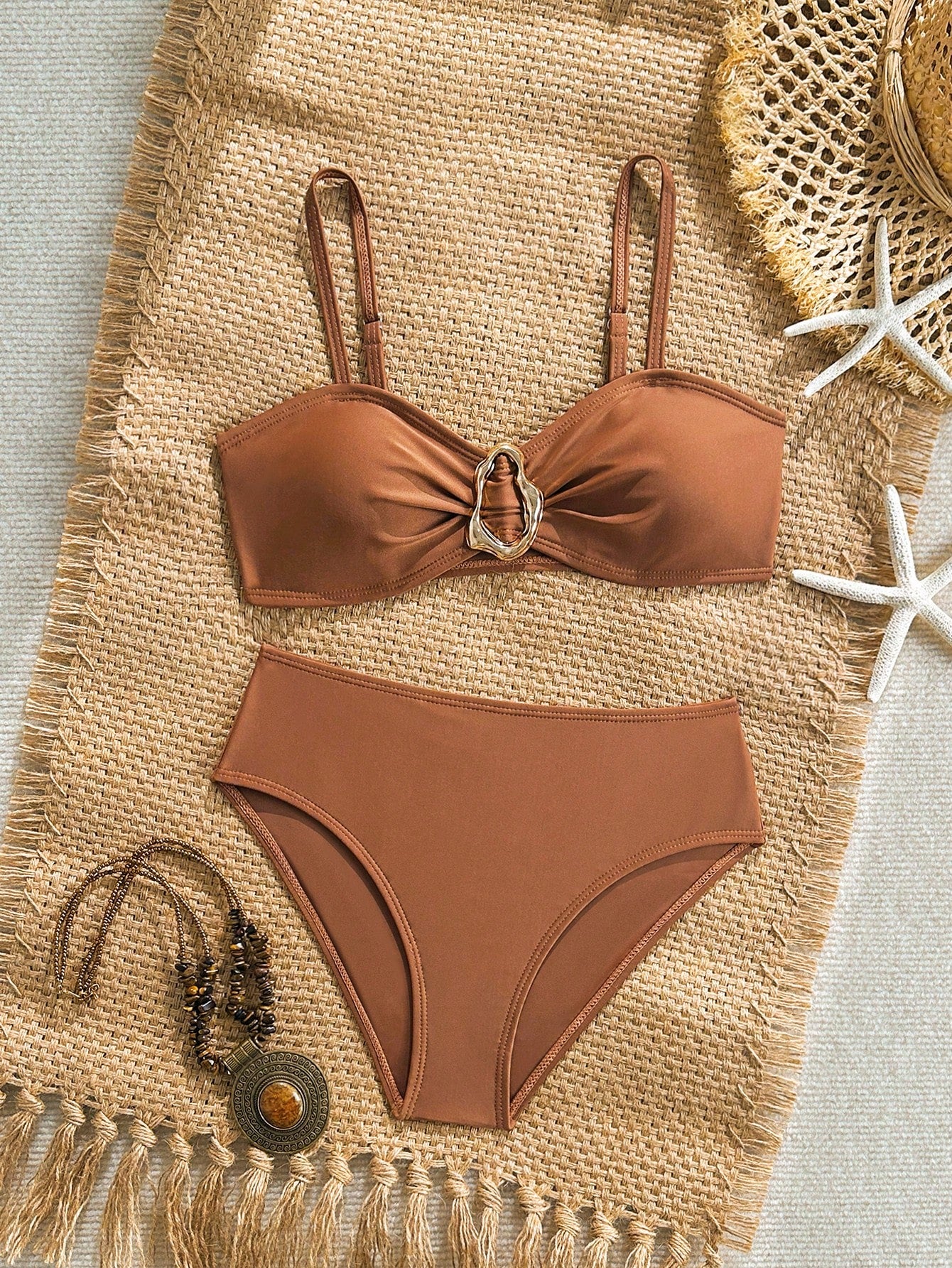 Tween girls pink and white striped two-piece bikini set with spaghetti strap bandeau top, starfish decor, and high waist swim bottoms for beach and vacation wear