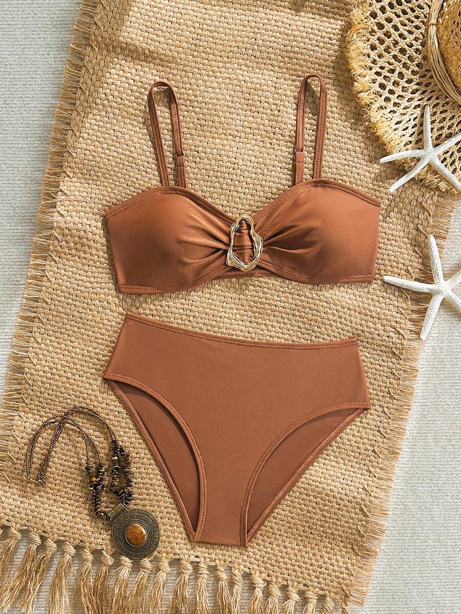 Tween girls pink and white striped two-piece bikini set with spaghetti strap bandeau top, starfish decor, and high waist swim bottoms for beach and vacation wear