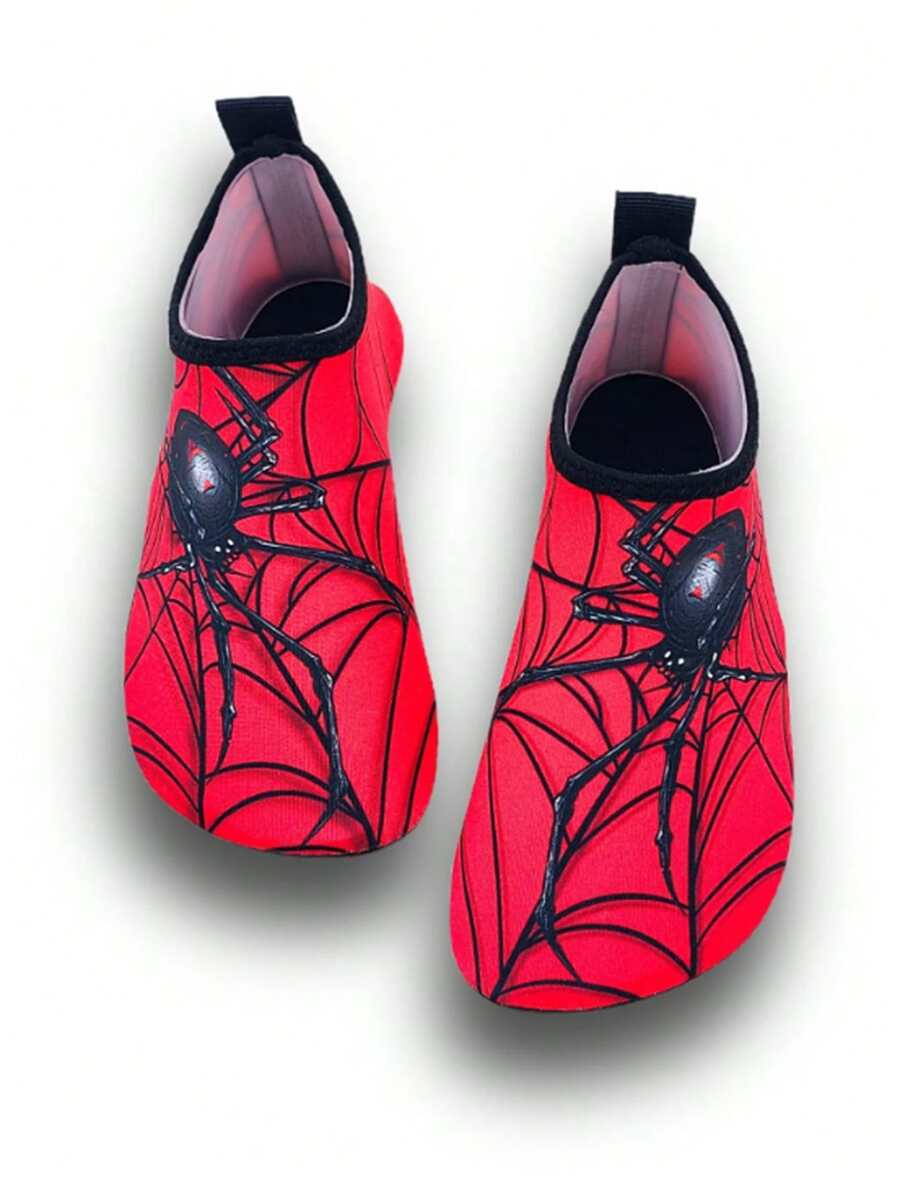 Red spider print kids water shoes with breathable Lycra upper and non-slip rubber outsole for boys and girls.