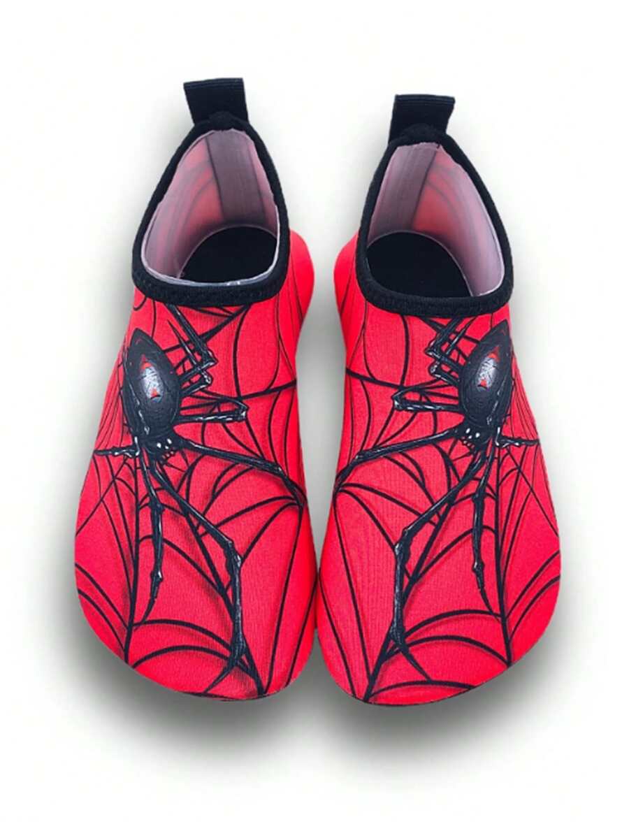 Red spider print kids water shoes with breathable Lycra upper and non-slip rubber outsole for boys and girls.