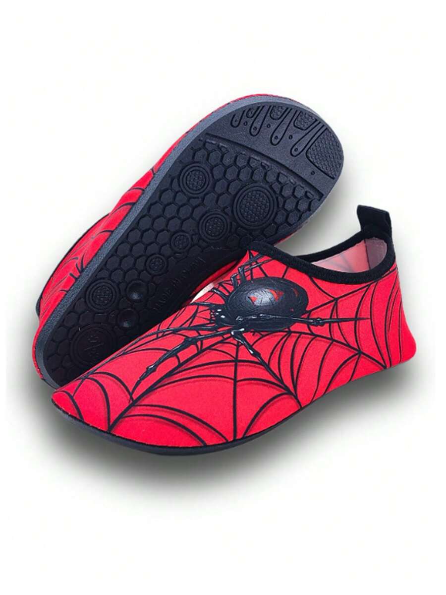 Red spider print kids water shoes with breathable Lycra upper and non-slip rubber outsole for boys and girls.
