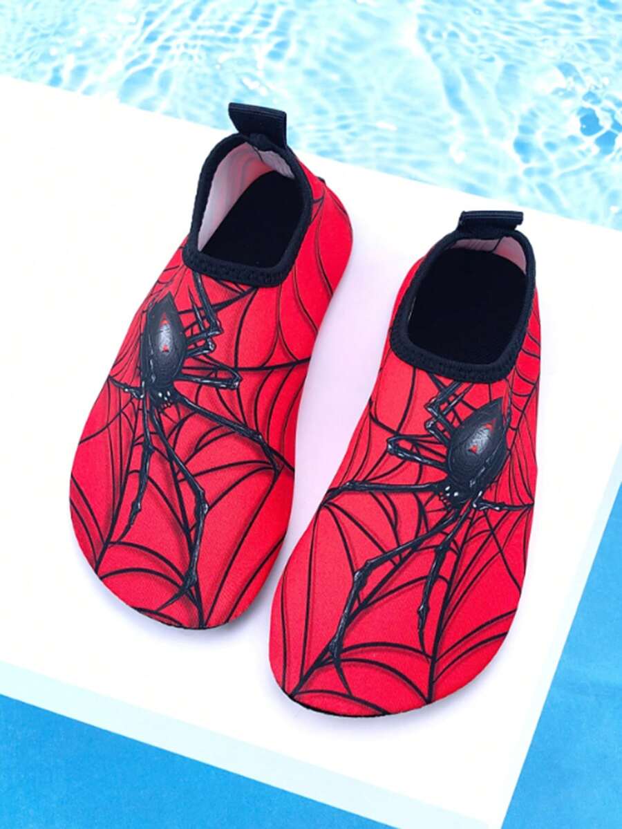 Red spider print kids water shoes with breathable Lycra upper and non-slip rubber outsole for boys and girls.