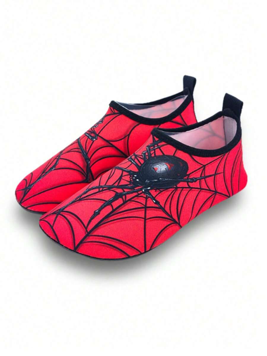 Red spider print kids water shoes with breathable Lycra upper and non-slip rubber outsole for boys and girls.